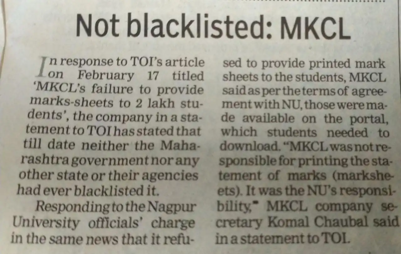 TOI Article - MKCL not Blacklisted
